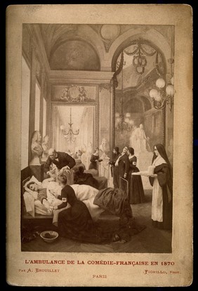 Comédie-Française, Paris: a corridor used as a hospital in the Franco-Prussian War showing nurses treating patients. Photograph by Fiorillo after A. Brouillet, 1870.