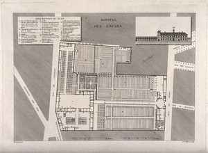 view Hospital for Sick Children, Paris: facade and floor and street plans. Line engraving by J.E. Thierry after H. Bessat, 1809.