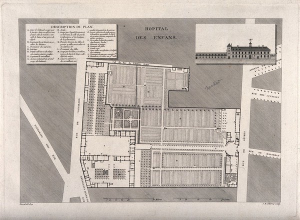 Hospital for Sick Children, Paris: facade and floor and street plans. Line engraving by J.E. Thierry after H. Bessat, 1809.