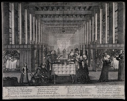 Hopîtal des Frères de la Charité, Paris: Anne of Austria visiting the charitable work of the monks. Line engraving by A. Bosse.