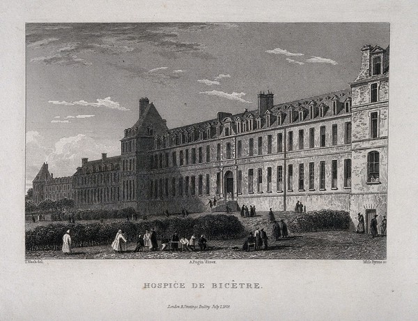 Hopîtal Royal de Bicêtre, Paris: patients exercising in the grounds. Engraving by Letitia Byrne, 1829, after T. Nash.