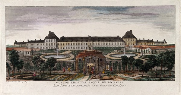 Hôpital Royal de Bicêtre, Paris: panoramic view with gardens. Coloured etching by J. Rigaud after himself.