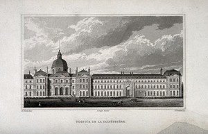 view Hôpital de la Salpêtrière, Paris: panoramic view. Engraving by B. Winkles after B. Ferrey.