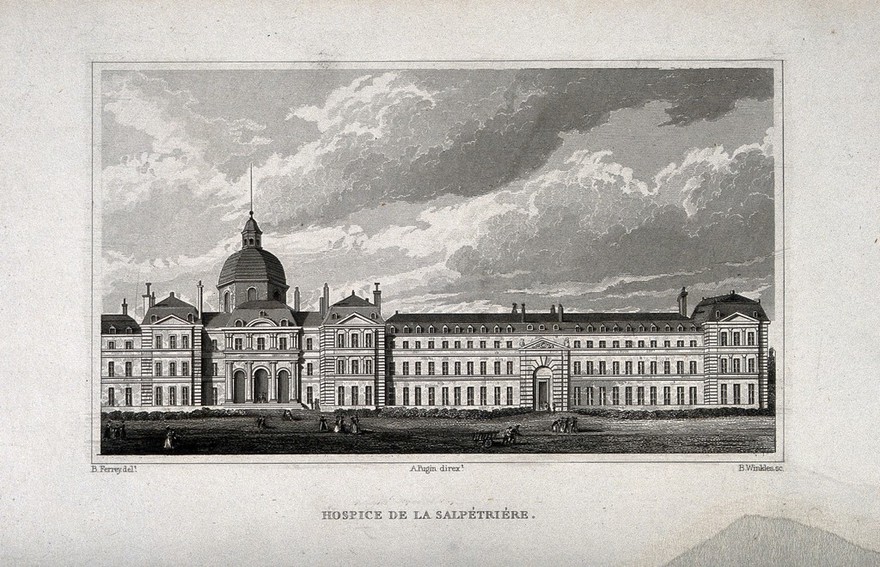 Hôpital de la Salpêtrière, Paris: panoramic view. Engraving by B. Winkles after B. Ferrey.
