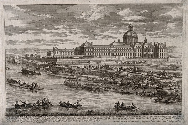 Hôpital de la Salpêtrière, Paris: as seen from the river. Line engraving by Perelle.