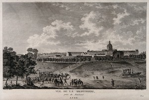 view Hôpital Salpêtrière, Paris: panoramic view. Line engraving by M.A. Duparc, 1789, after J. Savard.