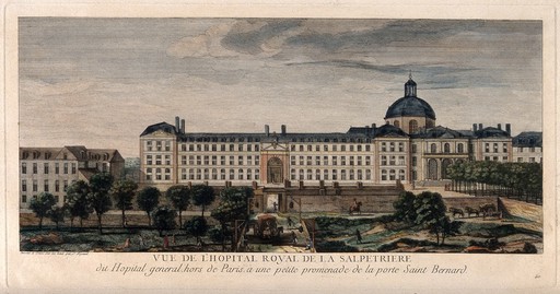 Hôpital de la Salpêtrière, Paris: showing St. Bernard's doorway and grounds. Coloured line engraving by J. Rigaud after himself.