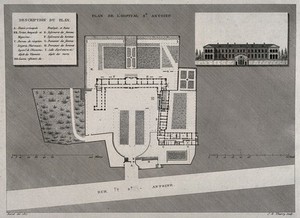 view Hôpital St-Antoine, Paris: floor and street plan and facade. Line engraving by J.E. Thierry after H. Bessat, 1807.