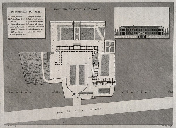 Hôpital St-Antoine, Paris: floor and street plan and facade. Line engraving by J.E. Thierry after H. Bessat, 1807.