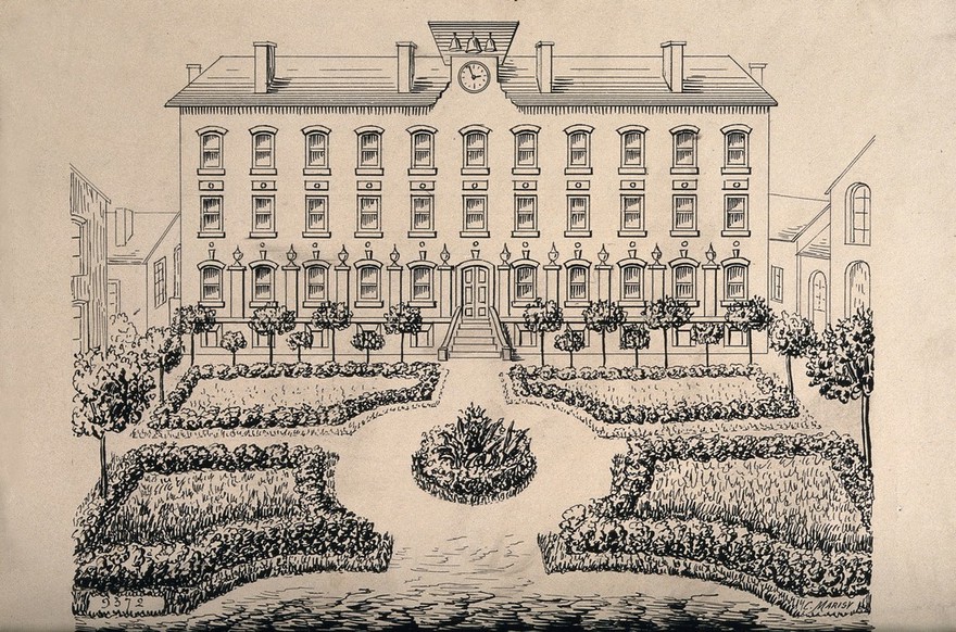 Hôpital Armand-Trousseau, Paris: courtyard and gardens. Pen and ink drawing by C. Marisy.
