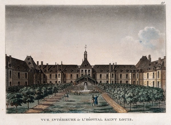 Hôpital Saint-Louis, Paris: panoramic view including grounds. Coloured aquatint.