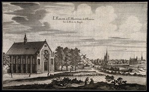 view Hôpital Saint-Louis and Church, Paris: cityscape view. Line engraving.