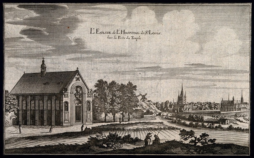 Hôpital Saint-Louis and Church, Paris: cityscape view. Line engraving.
