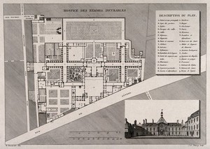 view Hospice des Femmes Incurables, Paris: floor plan and facade. Engraving by J.E. Thierry after H. Bessat, 1814.