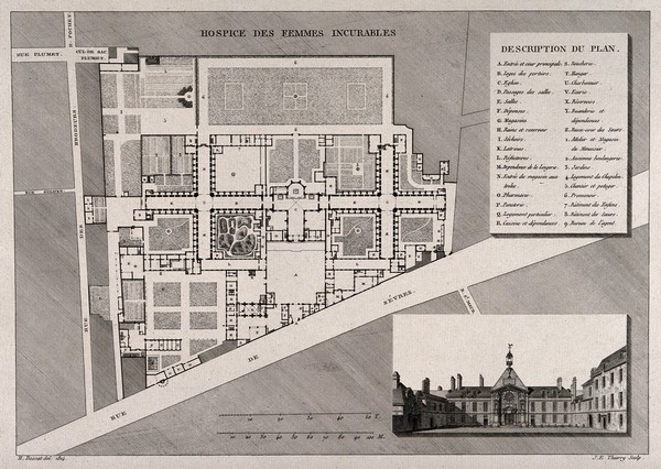 Hospice des Femmes Incurables, Paris: floor plan and facade. Engraving by J.E. Thierry after H. Bessat, 1814.