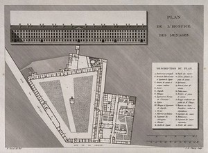 view Hospice des Ménages, Paris: floor and street plans and facade. Engraving by J.E. Thierry after H. Bessat, 1815.