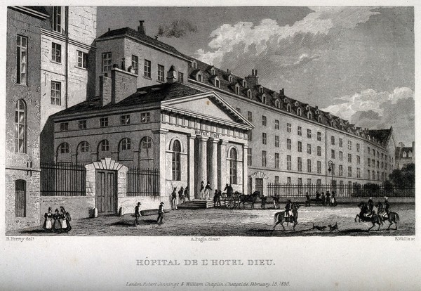 The Hôtel Dieu, Paris. Line engraving by R. Wallis, 1830, after B. Ferrey.