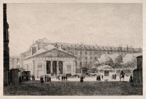 view The Hôtel Dieu, Paris: panoramic view with busy foreground. Etching by Grimdel?, 1877, after himself, 1868.