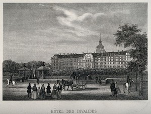 view Hôtel des Invalides, Paris: panoramic view. Line engraving.