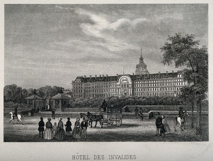 Hôtel des Invalides, Paris: panoramic view. Line engraving.