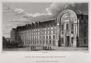 view Hôtel des Invalides, Paris: soldiers outside the principal facade. Line engraving by W. Watkins, 1831, after B. Ferry.