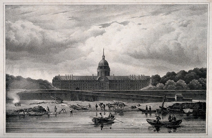 Hôtel des Invalides, Paris: as seen from the river. Lithograph by Le Villain after J. David.