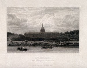 view Hôtel des Invalides, Paris: panoramic view from the river. Engraving by Elizabeth Byrne, 1821, after F. Nash.