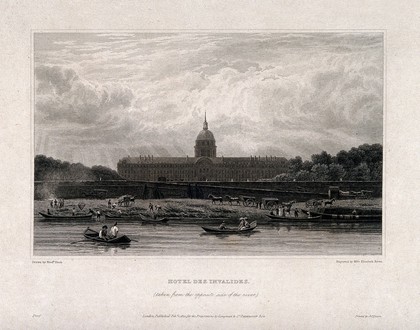 Hôtel des Invalides, Paris: panoramic view from the river. Engraving by Elizabeth Byrne, 1821, after F. Nash.