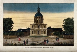 view Hôtel des Invalides, Paris: from the Breteuil walk. Coloured line engraving.