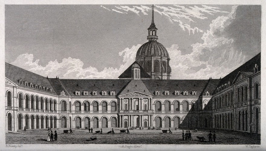 Hôtel des Invalides, Paris: from the central court. Line engraving by W. Taylor, 1830, after B. Ferrey.