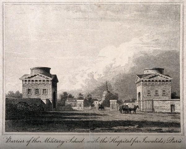Paris: the Barriere de l'Etoile, with the Military School in the background. Etching.