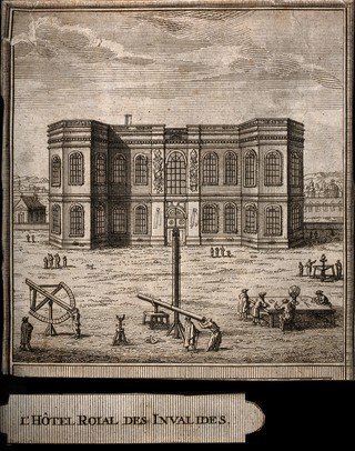 The Royal Observatory, Paris: the terrace on the garden side, with men experimenting with astronomical and other scientific instruments. Etching, early eighteenth century.