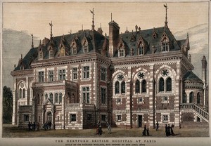 view The Hertford British Hospital, Paris. Coloured wood engraving, 1879.