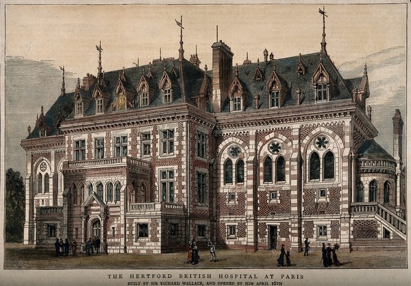 The Hertford British Hospital, Paris. Coloured wood engraving, 1879.