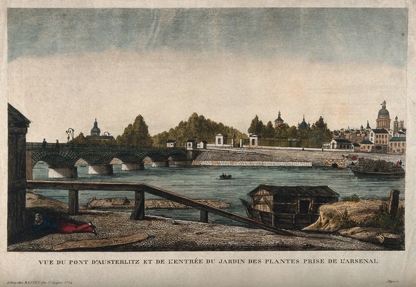 Jardin des Plantes, Paris: as seen from across the river with the Pont d'Austerlitz and Prise de l'Arsenal. Coloured line engraving.