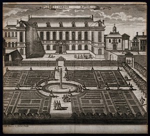 view Jardin Royal, Paris: showing figures strolling in the garden. Line engraving by J.B. Scotin the younger.