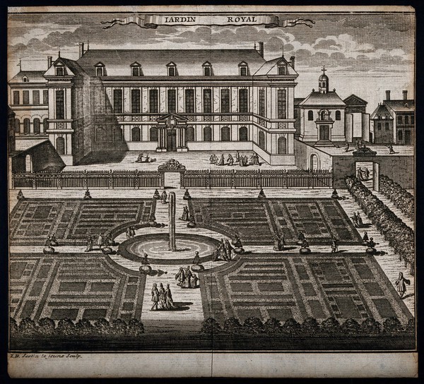 Jardin Royal, Paris: showing figures strolling in the garden. Line engraving by J.B. Scotin the younger.