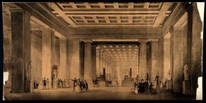 view The British Museum, London: a gallery of Greek, Roman and Egyptian sculptures, with visitors admiring a copyist's work. Engraving by R. Sands after T. Allom.
