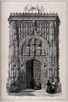 Foundlings' home, Cordoba: the entrance doorway. Lithograph by L.A. Asselineau after himself.