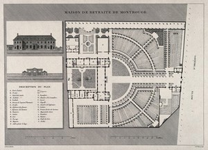 view Maison de Retraite de Montrouge, Paris: facade with keyed floor plan. Line engraving by J.E. Thierry after H. Bessat, 1810.