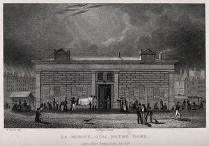 view The Morgue, Paris, by Notre Dame. Etching, 1829, after W. Price.