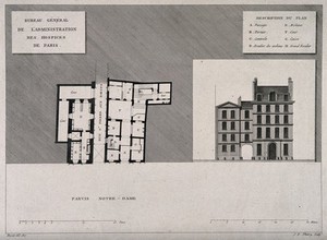 view Bureau Général de l'Administration des Hospices de Paris: facade with lettered key. Line engraving by J.E. Thierry after H. Bessat, 1807.