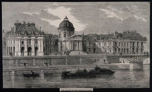 view Institut de France, Paris: as seen from the river. Wood engraving by F. Thorigny.