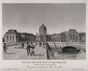 view Institut de France, Paris: panoramic view including part of Pont des Arts. Line engraving.