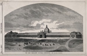 view Grand Palais?, Paris: panoramic view. Wood engraving by I.S. Heaviside, 1862, after B. Sly after Liandier.