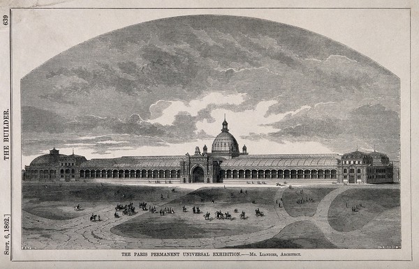 Grand Palais?, Paris: panoramic view. Wood engraving by I.S. Heaviside, 1862, after B. Sly after Liandier.