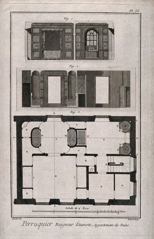 view Paris: elevation and plan of the baths on the Seine established by Poitevin in 1761. Engraving by R. Bénard, 1771, after J.R. Lucotte.