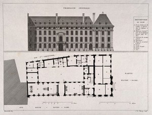 view Pharmacie Centrale and Bureau d'admission des malades, Paris: with a lettered key floor and street plan. Engraving by J.E. Thierry after H. Bessat, 1807.