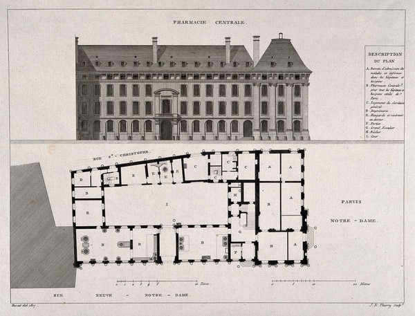 Pharmacie Centrale and Bureau d'admission des malades, Paris: with a lettered key floor and street plan. Engraving by J.E. Thierry after H. Bessat, 1807.