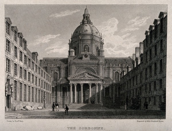 Sorbonne, Paris: panoramic view. Engraving by Elizabeth Byrne, 1820, after F. Nash.
